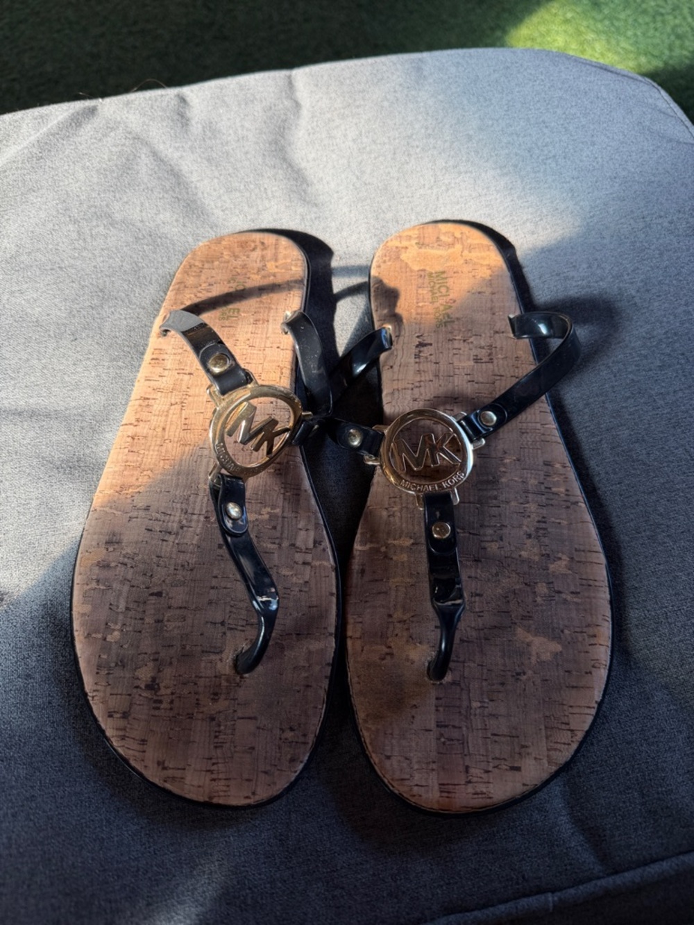 Michael Kors Brown Cork Footbed Black Patent T-Strap Sandals